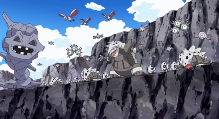 Picture of many Steel type Pokemon. They look happy!